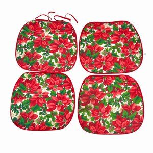 SET OF 4 CHRISTMAS HOLIDAY RED & GREEN POINSETTIA CHAIR CUSHIONS